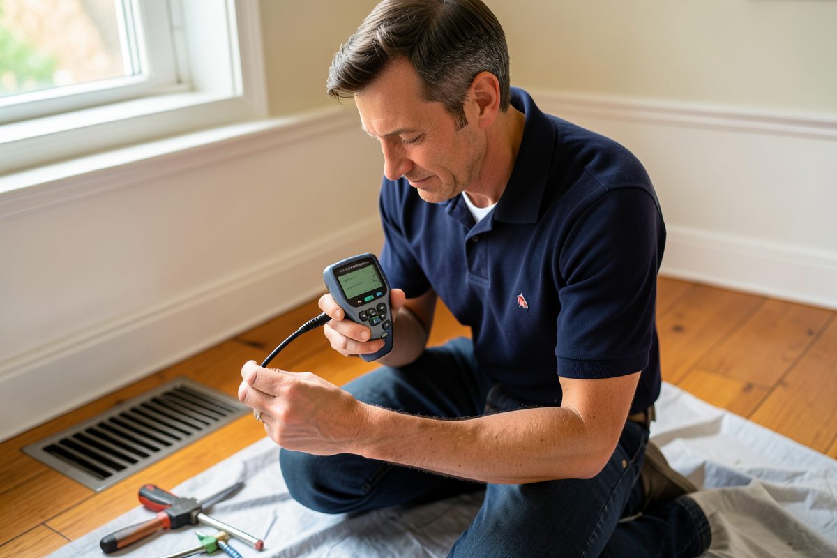 Gasfitter carrying out a carbon monoxide safety test during a gas ducted heater repair in Melbourne