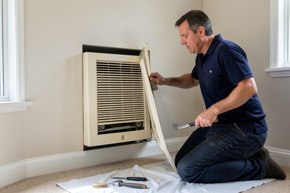 BM Heating and Cooling gasfitter servicing a gas wall heater in Melbourne