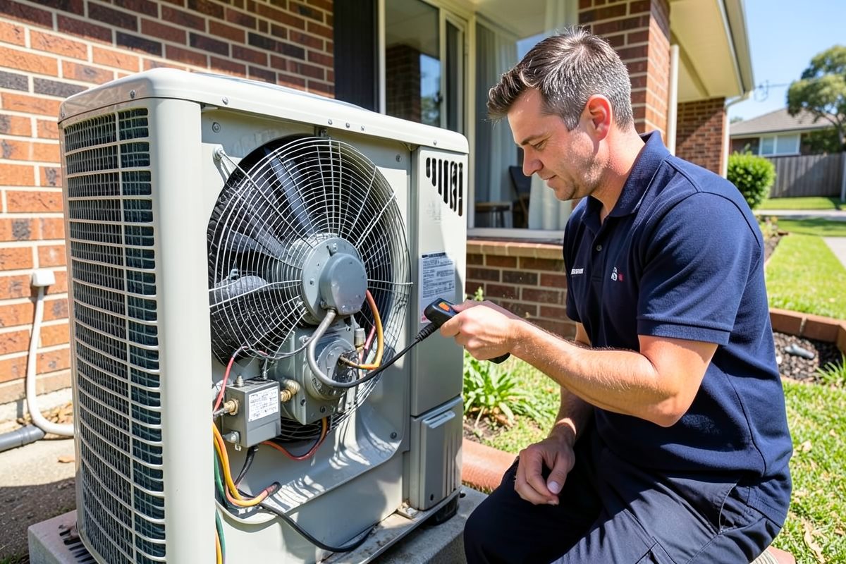 HVAC technician repairing an outdoor reverse cycle condenser unit at a Melbourne home